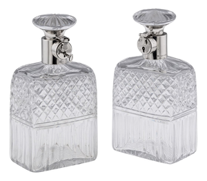 Antique English Locking Decanters in Silver and Cut Glass, 1925, Set of 2
