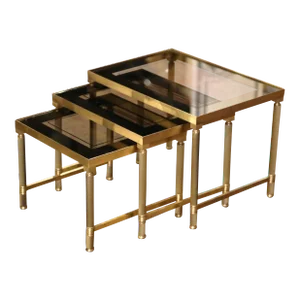 Set of Three Mid-Century French Brass & Glass Nesting Tables Bagues Style