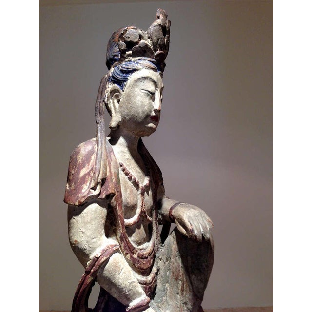 Asian Pair of Chinese Wood Statues of Bodhisattva Buddhism Art For Sale - Image 3 of 10