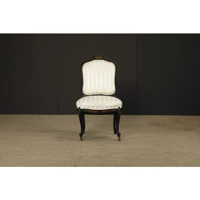 Ebony Pair of 1890s French Louis XV Carved, Gilt, Ebonized, and Upholstered Chairs For Sale - Image 8 of 18