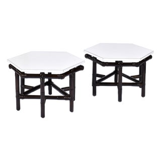 Pair of Ficks Reed Dark Rattan and White Hexagon Side Tables 1950s For Sale