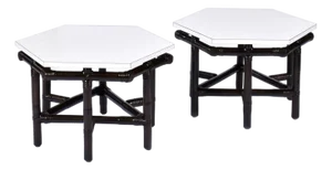 Pair of Ficks Reed Dark Rattan and White Hexagon Side Tables 1950s