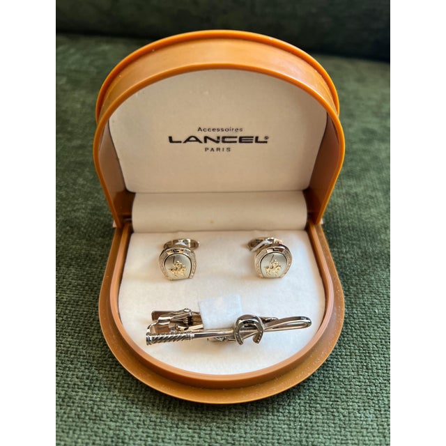 Rare Vintage "Lancel" Paris Gold Plate Steel Cufflinks & Tie Bar Original Case For Sale - Image 13 of 18