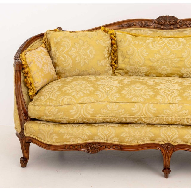 Louis XV Yellow Silk Damask Upholstered Walnut Sofa For Sale - Image 4 of 12