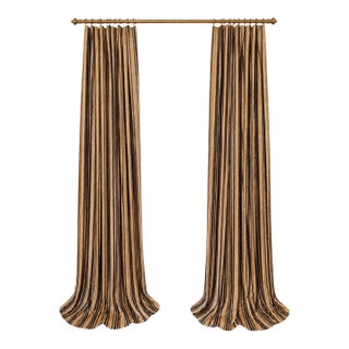 Pair of Custom Interlined Striped Drapery Panels in Black, Gold & Ivory, 94” For Sale