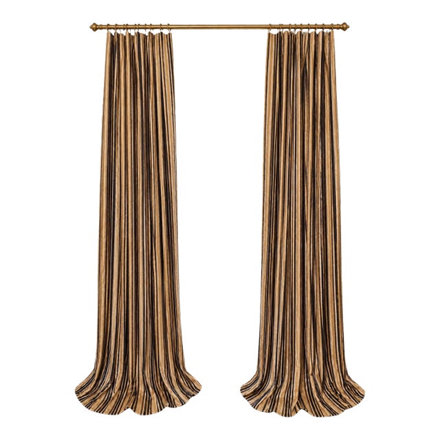 Pair of Custom Interlined Striped Drapery Panels in Black, Gold & Ivory, 94” For Sale