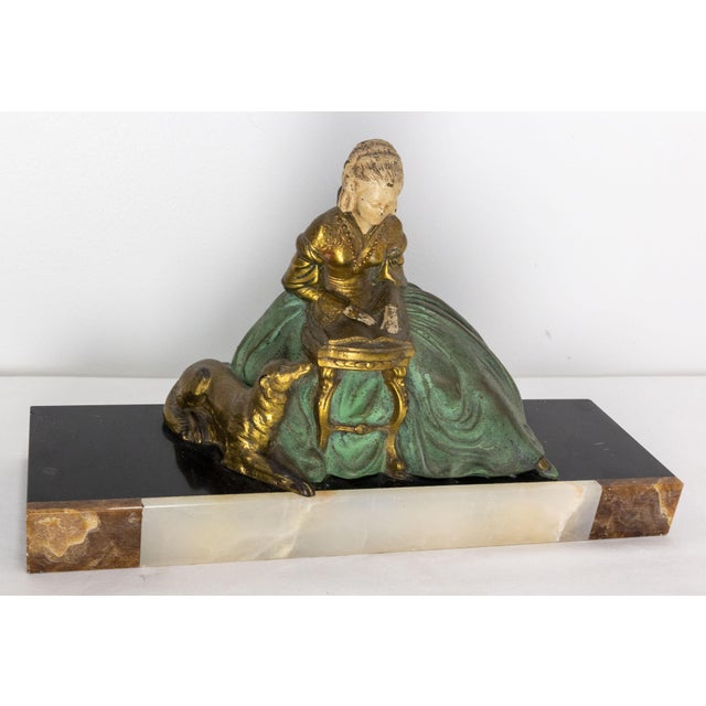 Gemstone French Art Deco Onyx & Polychrome Pewter Reading Woman with Dog, 1930 For Sale - Image 7 of 9