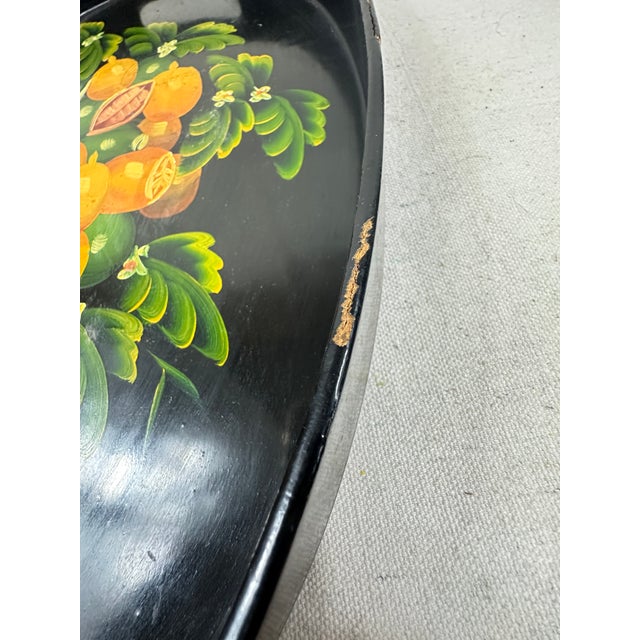 Vintage Hand-Painted Black Lacquer Oval Tole Serving Tray With Citrus Fruit For Sale - Image 4 of 11