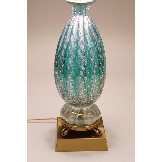 Rare Large Turquoise "Costolato" Barovier Toso Murano Italy Thick Bubble Blown Art Glass Brass Table Lamp 1960s For Sale In Los Angeles - Image 6 of 14