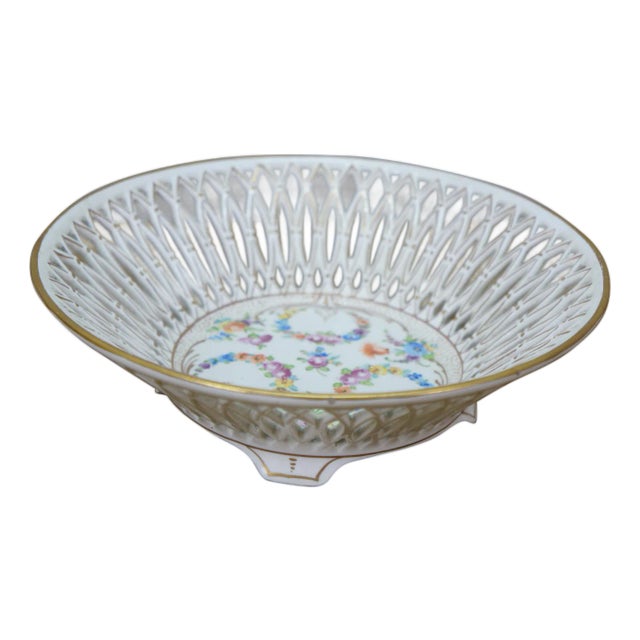 Antique Max Roesler German Dresden Porcelain Reticulated Compote Basket Bowl 7" For Sale