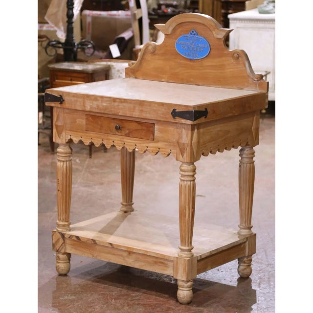Mid 20th Century Mid-Century French Beech Butcher’s Block With Marble Top and Agricultural Plaque For Sale - Image 5 of 12