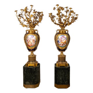 Large Sèvres Porcelain and Gilt Bronze Vases with Floral Bouquets, 1800s For Sale