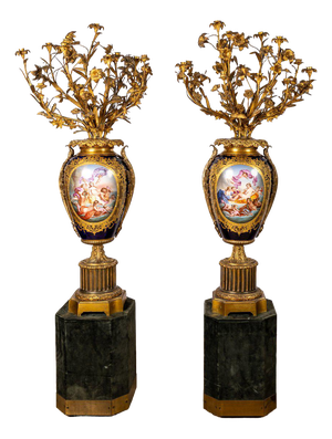 Large Sèvres Porcelain and Gilt Bronze Vases with Floral Bouquets, 1800s