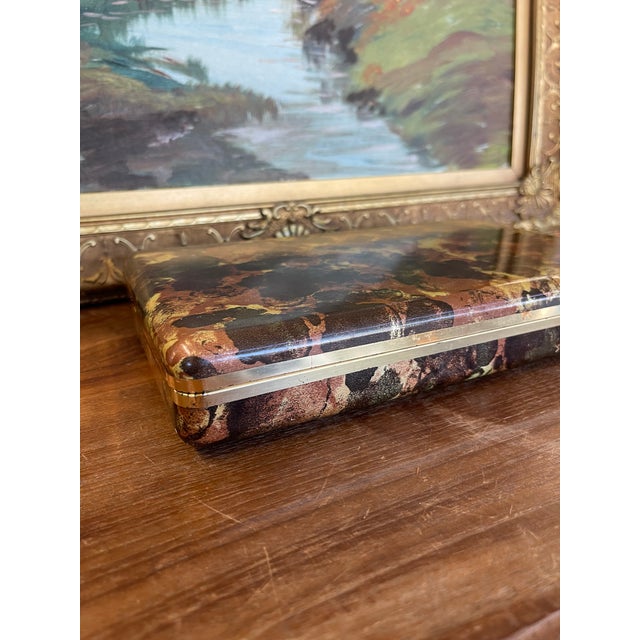 Vintage Mid-Century Jewelry Case With Gold Velvet-Like Interior and Patterned Exterior For Sale - Image 4 of 10