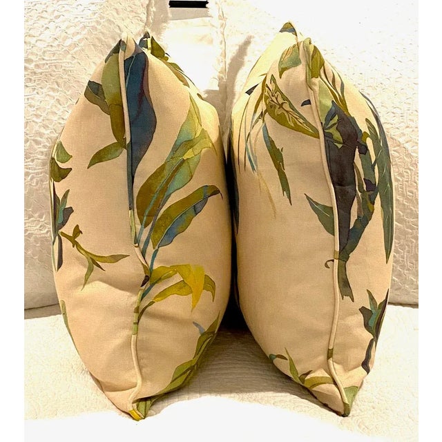 Pair of custom-tailored No 9 Jim Thompson fabric decorative pillows with new goose and feather fill inserts and hidden...