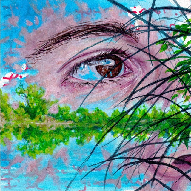 I'll Be Your Mirror-Logan-7 Lakes, France by Amanda Seckington | Acrylic on panel Eye reflection in water with greenery. For Sale