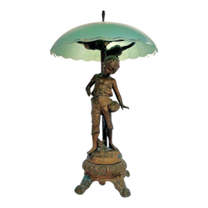 Early 20th Century Lamp Young Farmer Brass Figure With Glass Scalloped Shade