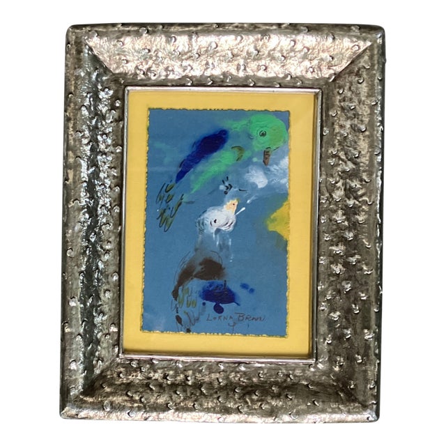 Contemporary Original Chagall Style Abstract Small Bird Watercolor Painting Fancy Tabletop Frame For Sale