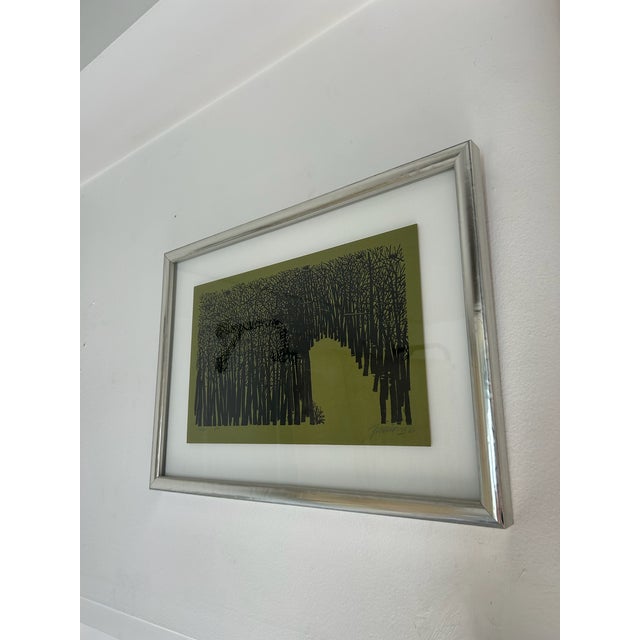 Vintage Antonio Frasconi Woodcut Printed on Green Paper With New Silver / Wood Frame and Float Detail, Circa 1965 For Sale - Image 4 of 10