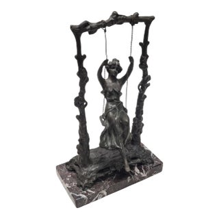 "Girl on a Swing" Bronze Statue With Marble Base by Auguste Moreau For Sale