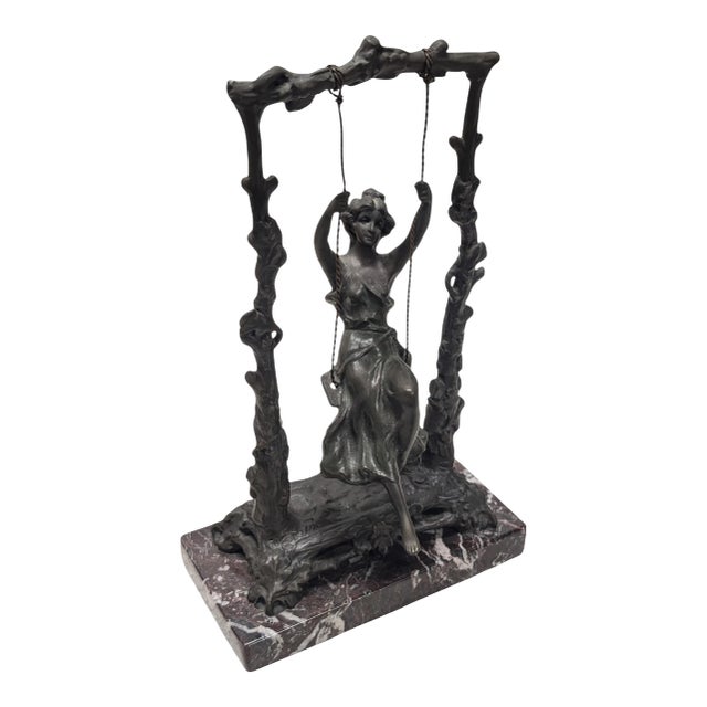 "Girl on a Swing" Bronze Statue With Marble Base by Auguste Moreau For Sale