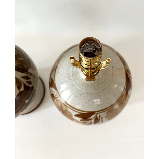 1970s Hand Thrown Stoneware Lamps With Floral Motif - a Pairf For Sale - Image 11 of 15
