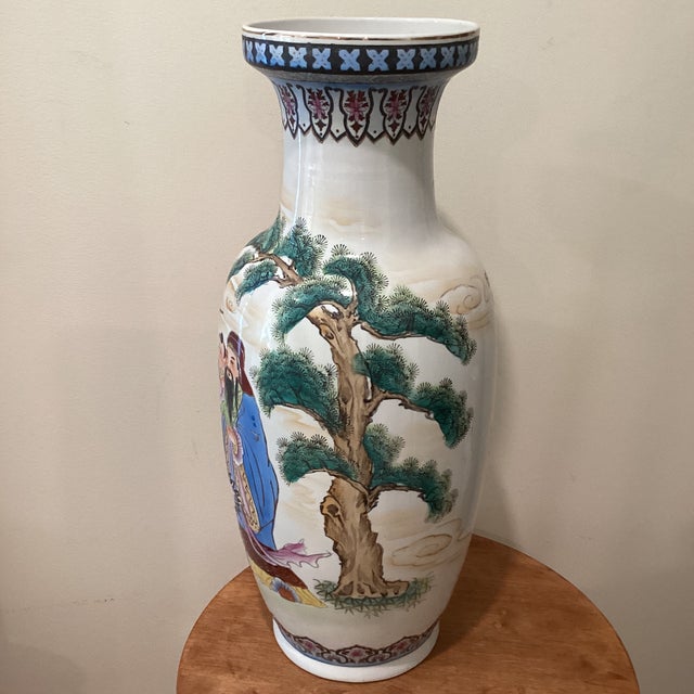Chinese Mid 20th Century Large Chinese Porcelain Vase Hand Painted With Figures Flowers and Script For Sale - Image 3 of 12