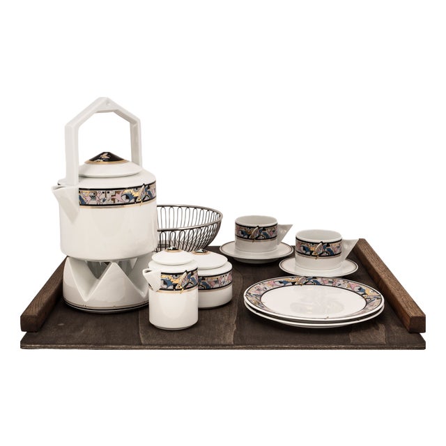 Art Deco Cantana Najade Tête-À-Tête for Two on Wooden Tray from Fürstenberg & Alessi, 1980s For Sale