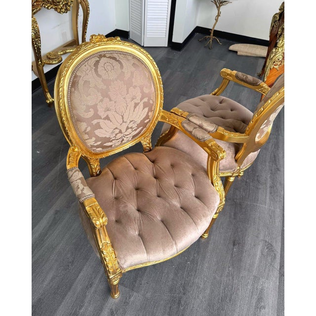 Textile 1990s French Style Light Brown Tan Velvet Chair Set With Gold Leaf Details For Sale - Image 7 of 9