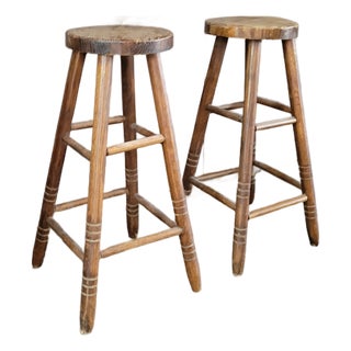 Antique Primitive Wooden Pub Stools For Sale
