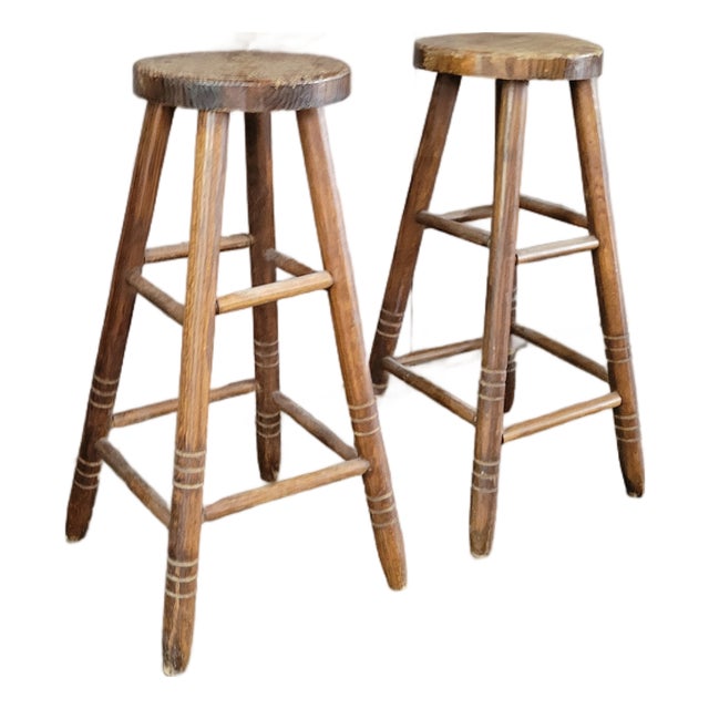 Antique Primitive Wooden Pub Stools For Sale