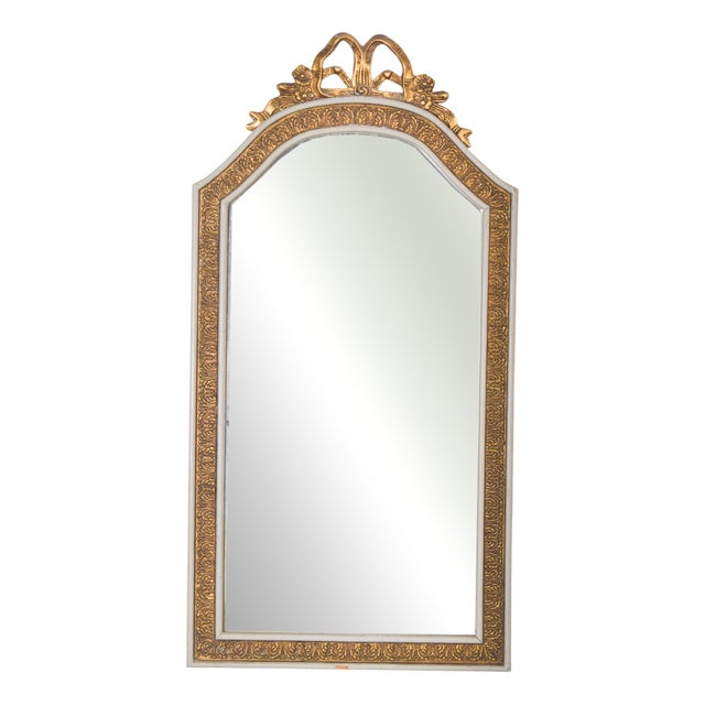 White and Gilt Wooden Mirror with Carved Bow Crest, 1970 For Sale