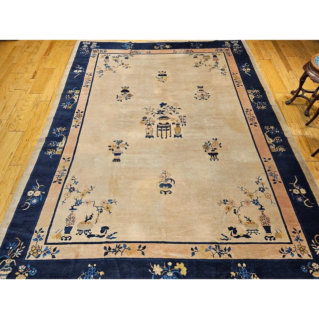 Textile Antique Chinese Peking Rug, Hand-Knotted Wool Pile, Pale Tan & Blue, 9' x 12' For Sale - Image 7 of 18