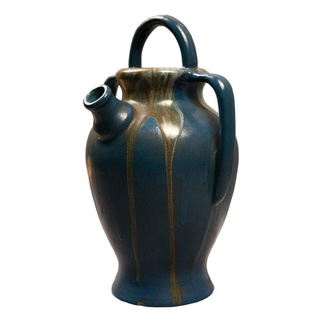 Large Art Nouveau Goat Figurine in Duck-Blue Glazed Stoneware with Drips by Léon Pointu for Saint-Amand-en-Puisaye, 1920s For Sale