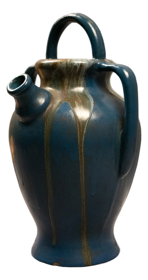 Large Art Nouveau Goat Figurine in Duck-Blue Glazed Stoneware with Drips by Léon Pointu for Saint-Amand-en-Puisaye, 1920s