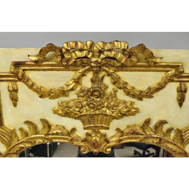 Antique French Louis XV Style Cream & Gold Gilt Drape Ribbon Trumeau Wall Mirror For Sale - Image 4 of 17