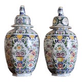 Large Delft Polychrome Covered Jars With Lion Finials- a Pair For Sale