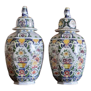Large Delft Polychrome Covered Jars With Lion Finials- a Pair