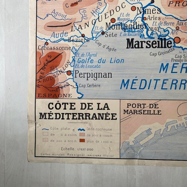 Vintage School Map of Atlantic Coast and Mediterranean Sea, 1950s, in Worn conditions. Designed 1950 to 1959