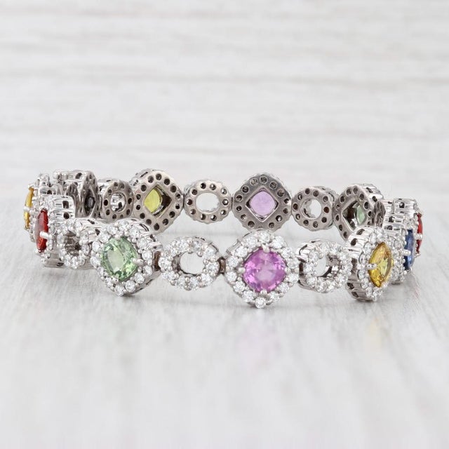 Modern 15.62ctw Multicolor Sapphire Diamond Tennis Bracelet 18k White Gold 6.75" For Sale - Image 3 of 10