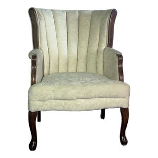 Vintage Wingback Accent Chair by Les Brown Furniture | Damask Upholstery & Wood Trim For Sale
