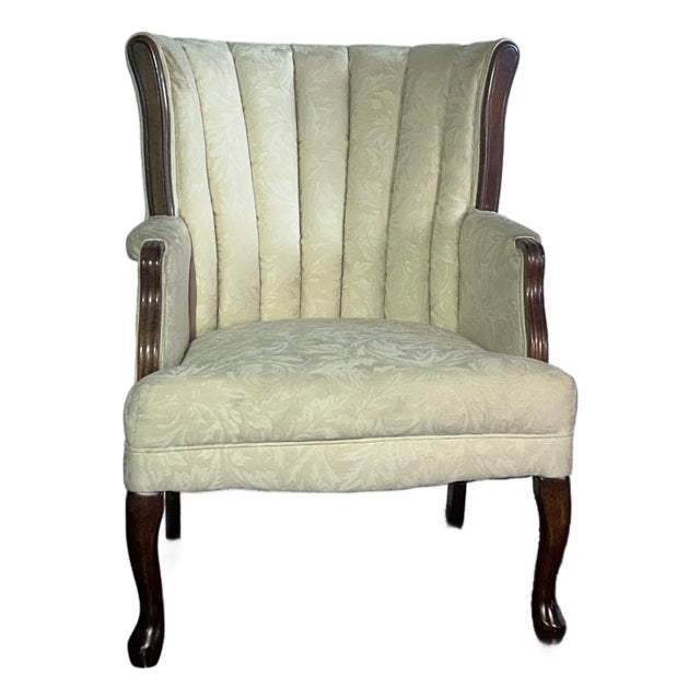 Vintage Wingback Accent Chair by Les Brown Furniture | Damask Upholstery & Wood Trim For Sale