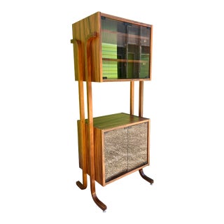 1960s Mid Century Vintage 2 Tier Bar Cabinet with Glass Doors and Shelves For Sale