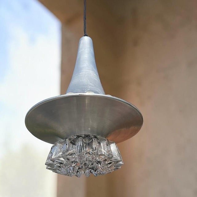Mid-Century Modern Mid-Century Modern Space Age Silver Aluminium Trumpet Hanging Lamp with Crystal Glass Diffuser, 1960s For Sale - Image 3 of 16