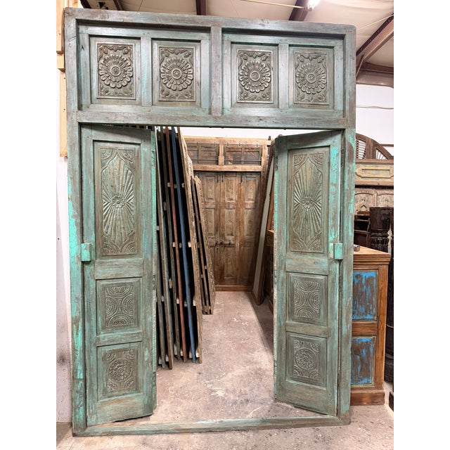 Antique Green Carved Door Teak Wood Double Door Hinged Garden Door 98x69 For Sale - Image 4 of 5