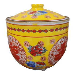 Vintage Hand Made & Painted Ceramic Chinese Rice Bowl With Cover For Sale