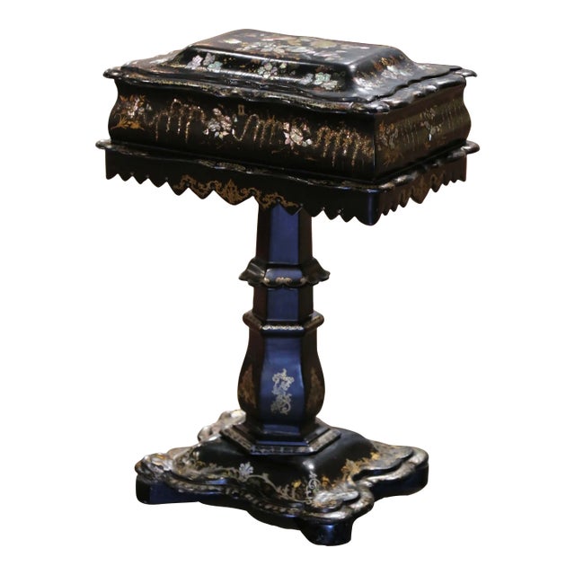 19th Century English Victorian Papier-Mâché Sewing Table With Pearl Inlay For Sale