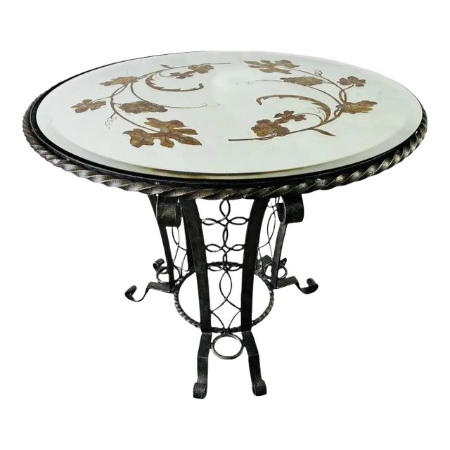 Gilbert Poillerat Style Art Deco Wrought Iron & Mirrored Top Round Center Table For Sale