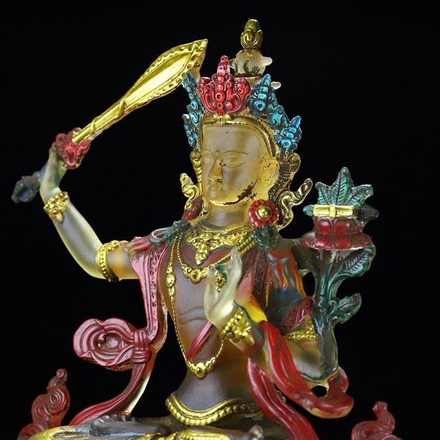 Bright Green Vintage Liuli Glass Manjushri Bodhisattva Sculpture For Sale - Image 8 of 10