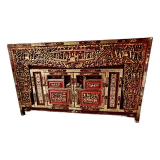 1920s Heavily Carved and Lacquer Decorated Asian Credenza Cabinet For Sale